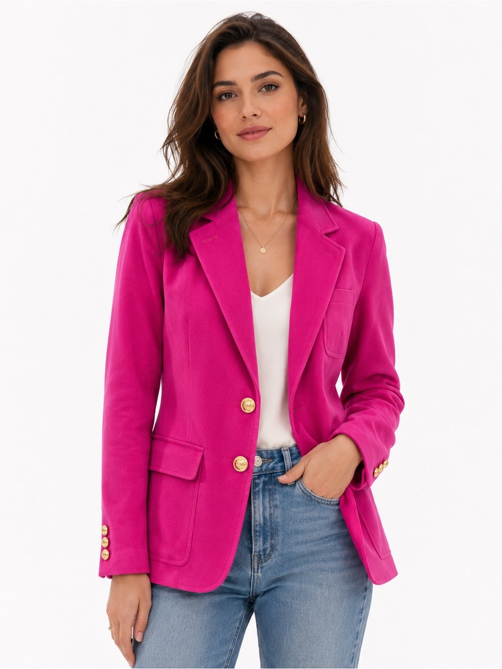 J. Crew Hot Pink Structured Wool Blazer with Gold Buttons